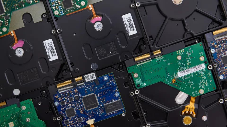Several opened computer hard drives laid side by side, showing their circuit boards